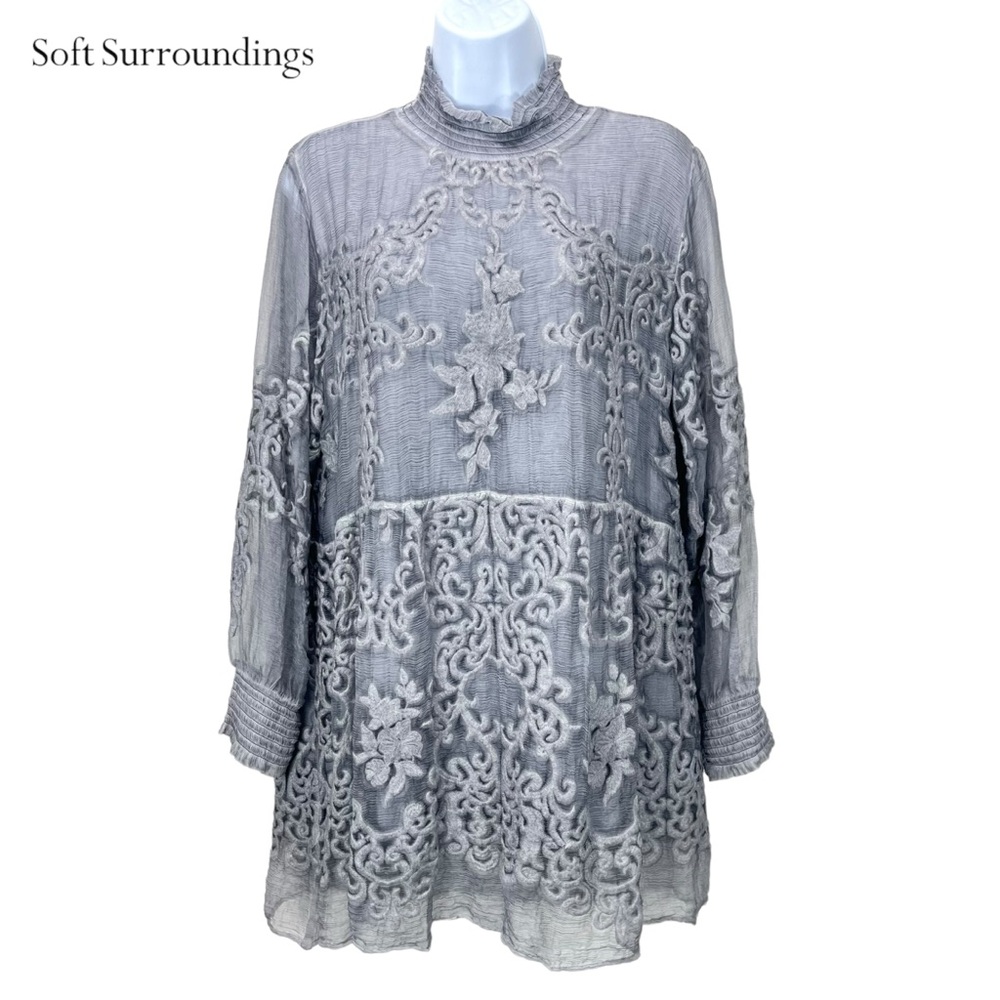 Soft Surroundings Women Petite Medium 100% Silk Tunic‎ Embroidered Blouse Top